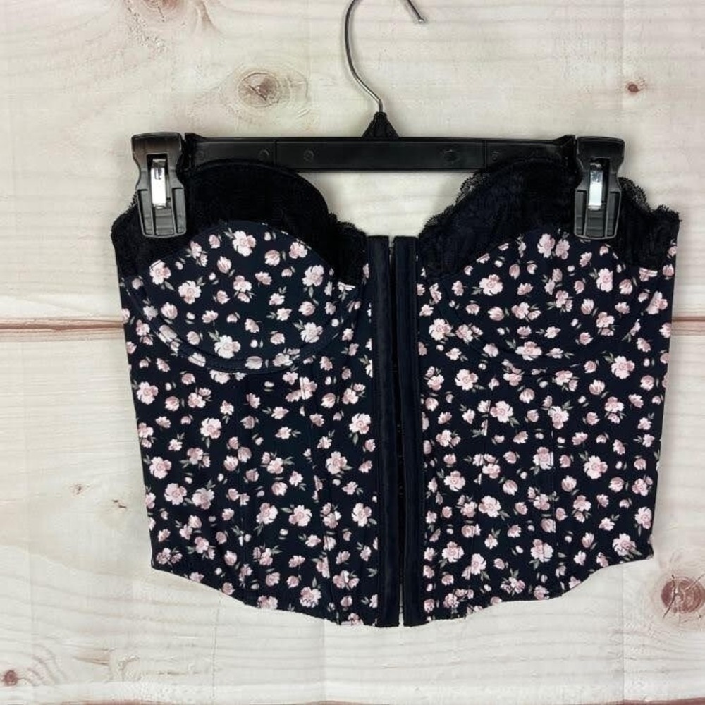 Glassons Top Womens US 6 Black Floral Satin Corset Strappy Back‎ Wired Cup